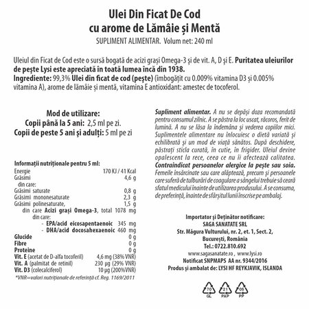 Ulei din ficat de cod cu aroma de lamaie si menta, 240 ml, Lysi 703438