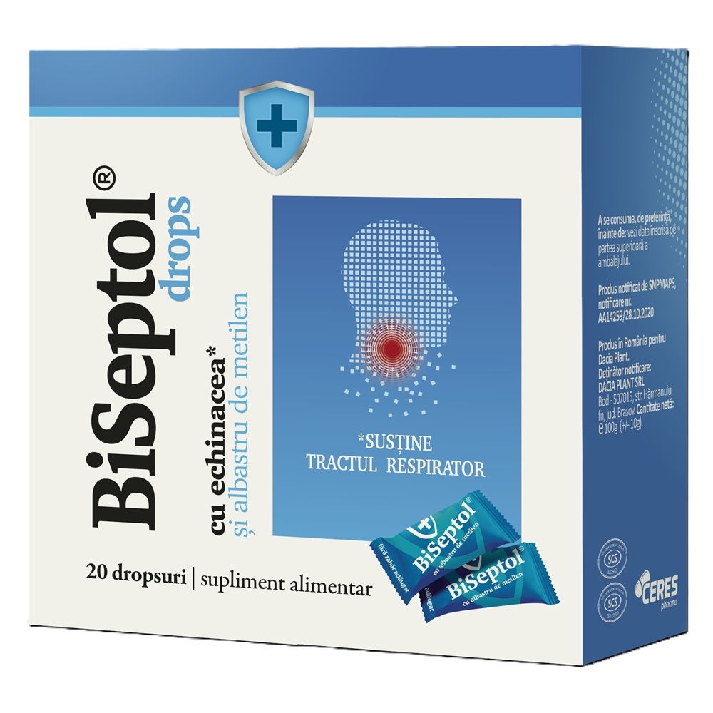 BiSeptol drops cu propolis si albastru de metilen, 20 bucati, Dacia Plant