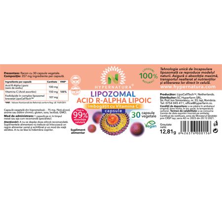 Lipozomal Acid R-Alpha-Lipoic, 30 capsule vegetale, Hypernatura 703880