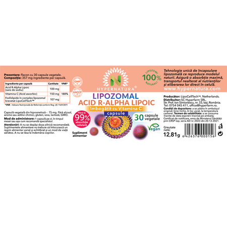 Lipozomal Acid R-Alpha-Lipoic, 30 capsule vegetale, Hypernatura 703880