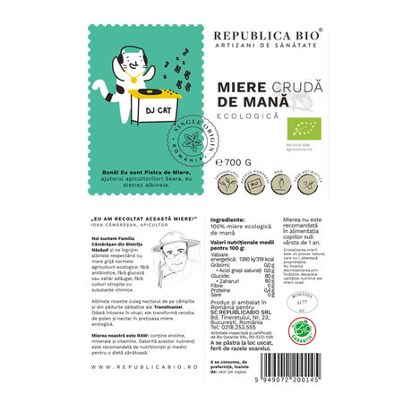 Miere cruda de mana ecologica, 700 g, Republica BIO 701648
