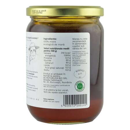 Miere cruda de mana ecologica, 700 g, Republica BIO 610209