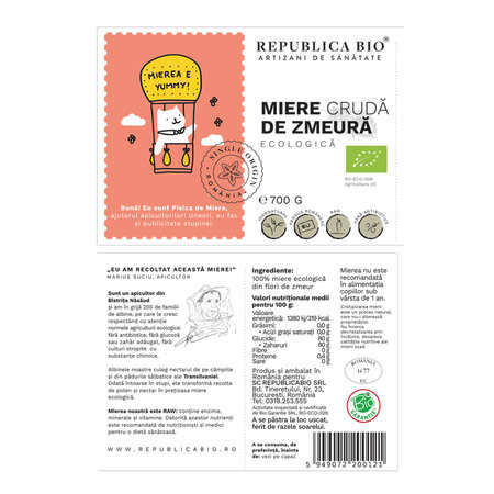 Miere cruda de zmeura ecologica, 700 g, Republica BIO 701641