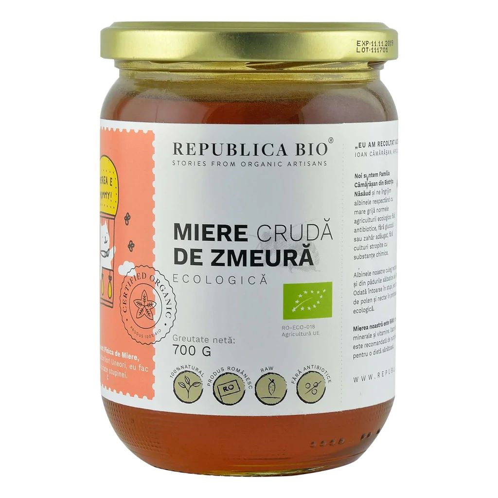 Miere de Zmeura ecologica cruda, 700 g, Republica BIO