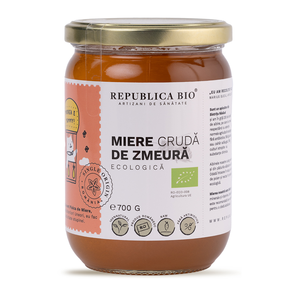 Miere cruda de zmeura ecologica, 700 g, Republica BIO
