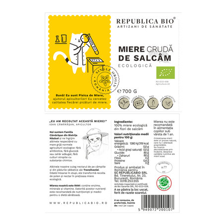 Miere cruda de salcam ecologica, 700 g, Republica BIO 701634