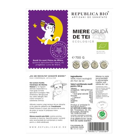 Miere cruda de tei ecologica, 700 g, Republica BIO 701609