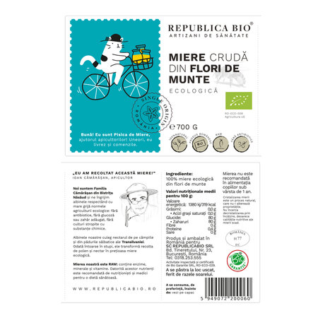 Miere cruda din flori de munte ecologica, 700 g, Republica BIO 701605