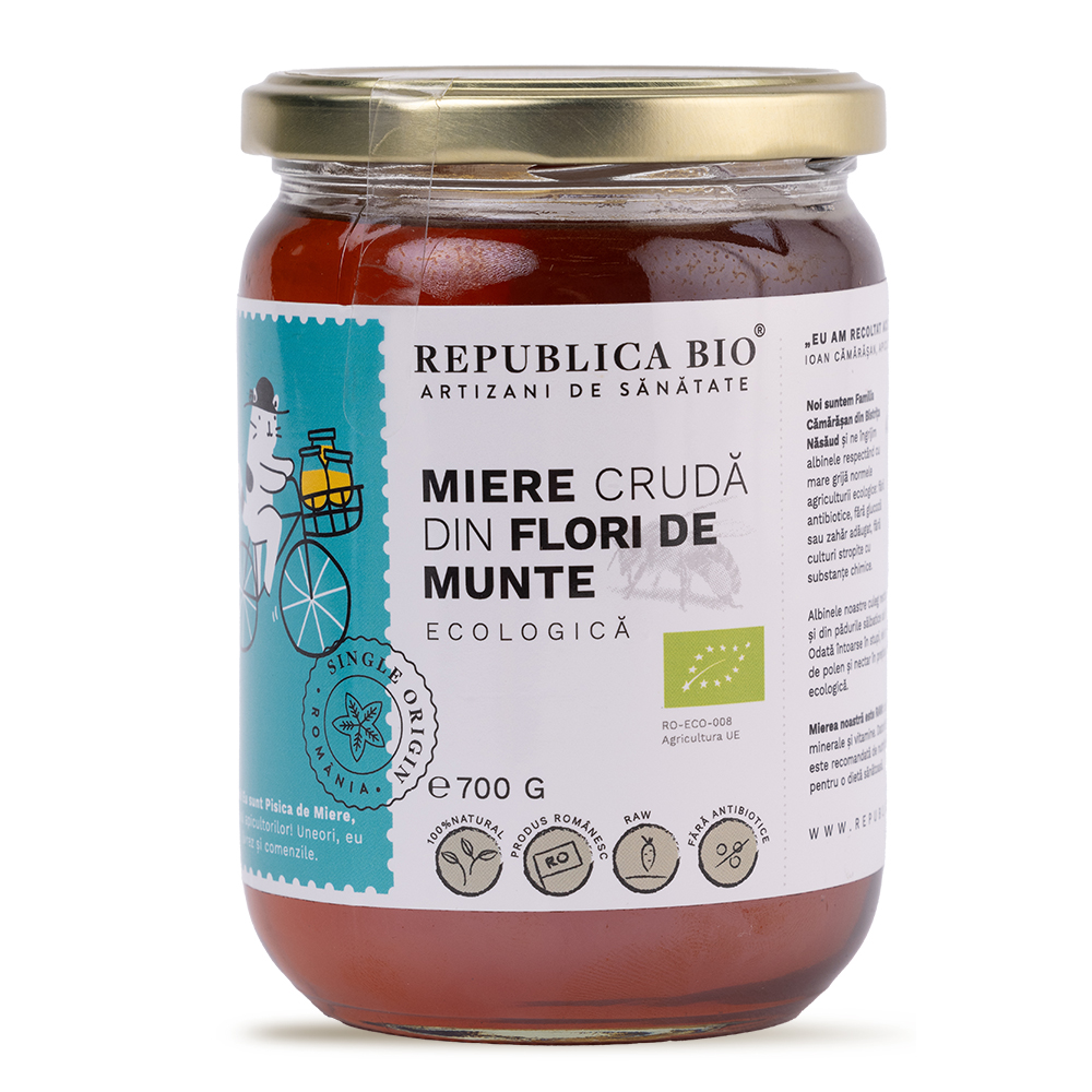 Miere cruda din flori de munte ecologica, 700 g, Republica BIO