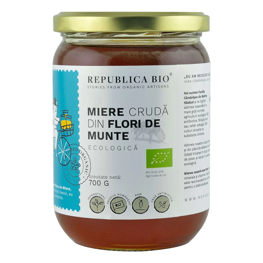 Miere din Flori de munte ecologica cruda, 700 g, Republica BIO