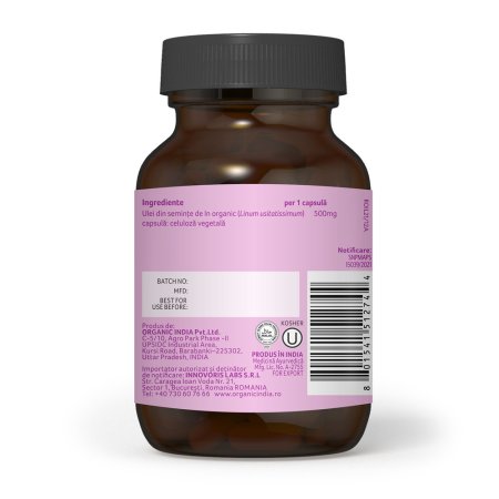 Ulei din semințe de in organic, Omega-3, 60 capsule, Organic India 718790