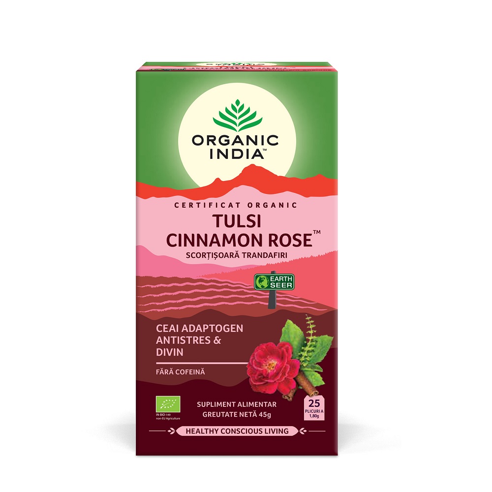 Ceai Bio Adaptogen Tulsi Scorțișoară Ceylon si Trandafir, 25 plicuri, Organic India