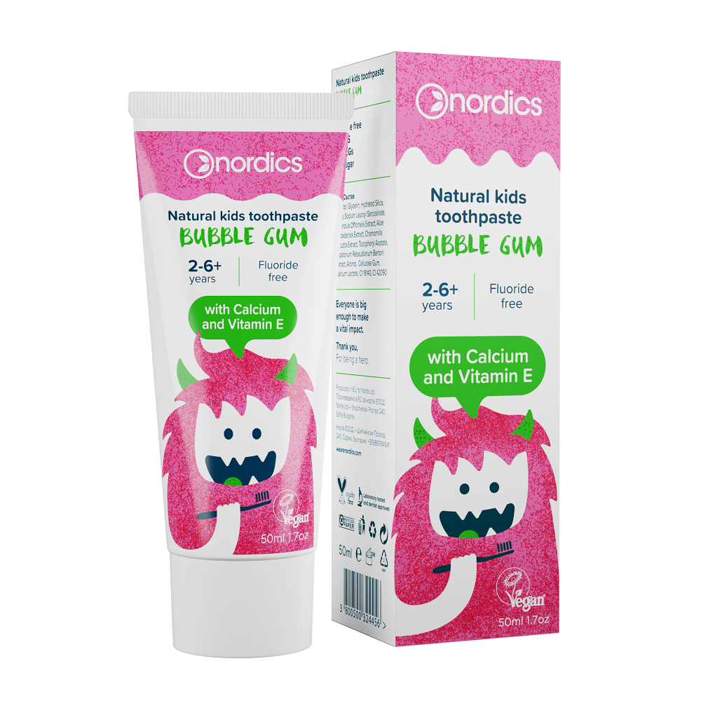 Pasta de dinti naturala cu aroma de bubble gum pentru copii, 50 ml, Nordics