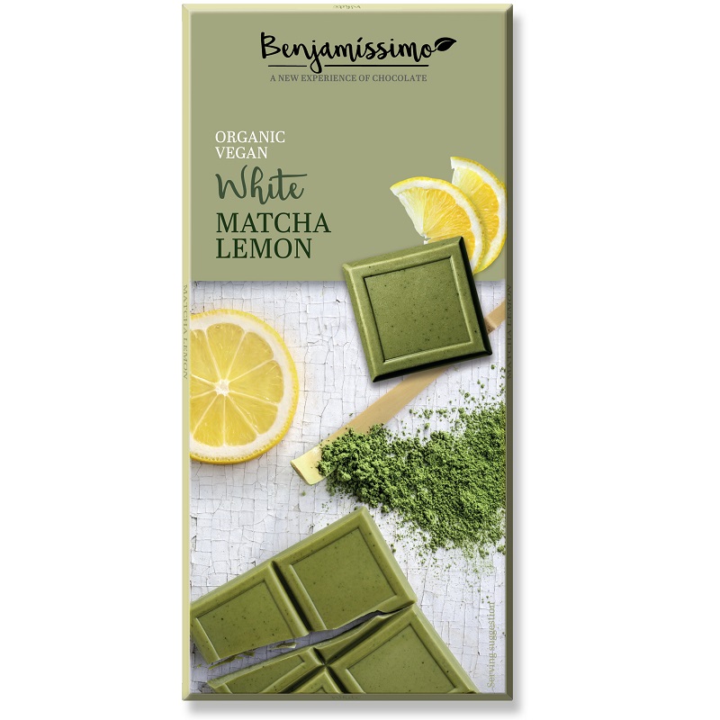 Ciocolata Eco alba cu matcha si lamaie fara gluten, 70 g, Benjamissimo