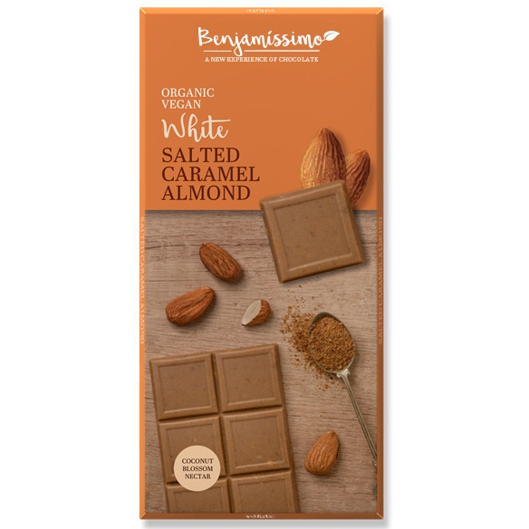 Ciocolata Eco alba cu migdale si caramel sarat fara gluten, 70 g, Benjamissimo