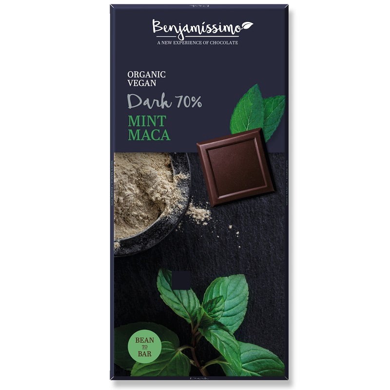 Ciocolata Bio fara gluten cu menta si maca, 70 gr, Benjamissimo