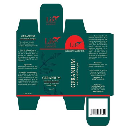 Ulei esential integral de geranium Life, 5 ml, Bionovativ 704983