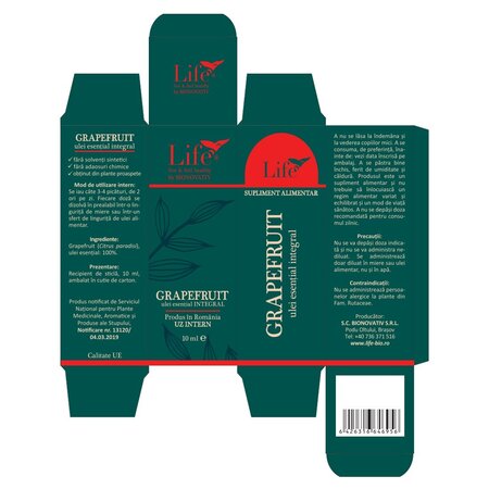Ulei esential integral de grapefruit Life, 10 ml, Bionovativ 705348