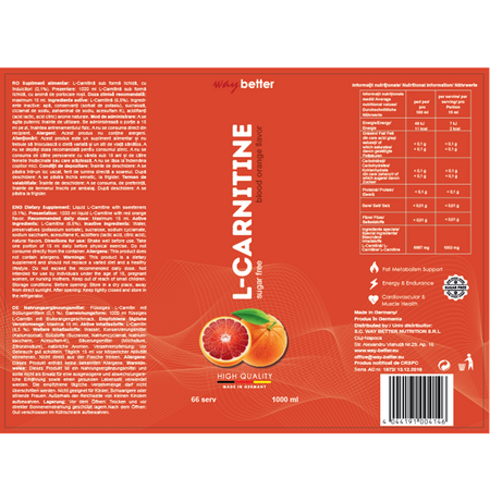 Carnitina lichida cu aroma de portocale rosii L-Carnitine, 1000 ml, Way Better 673346