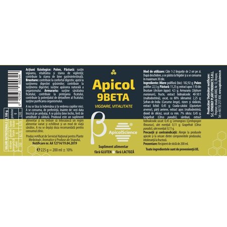 Miere poliflora galbena Apicol 9 Beta, 200 ml, ApicolScience 704411