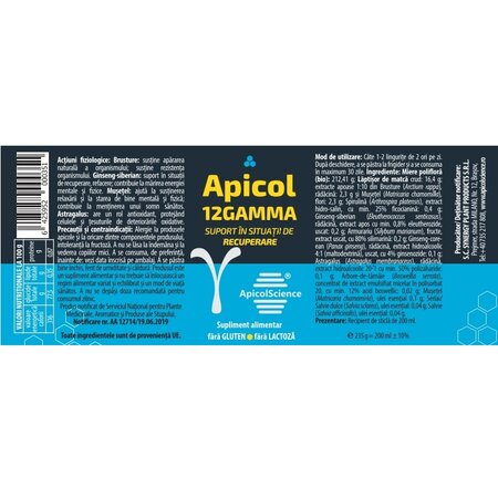 Miere poliflora albastra Apicol 12 Gamma, 200 ml, ApicolScience 704238
