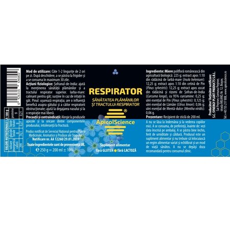 Miere poliflora Respirator, 200 ml, ApicolScience 704231