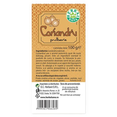 Coriandru pulbere, 100 g, Herbavit 705640
