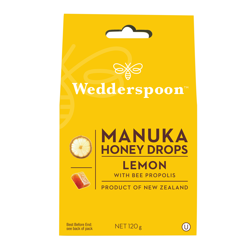 Bomboane cu miere de manuka, lamaie si propolis, 120 g, Wedderspoon