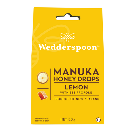 Bomboane cu miere de manuka, lamaie si propolis, 120 g, Wedderspoon