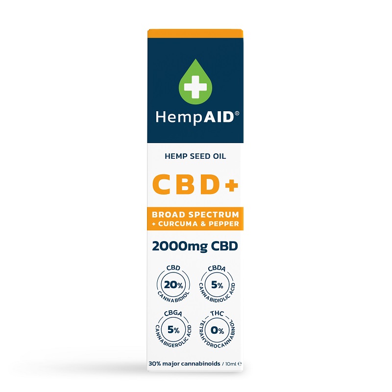 Ulei de canepa cu 2000 mg CBD, 500 mg CBDA, 500 mg CBGA, 200 mg Curcuma, 5 mg Piper Negru, 10 ml, HempAID