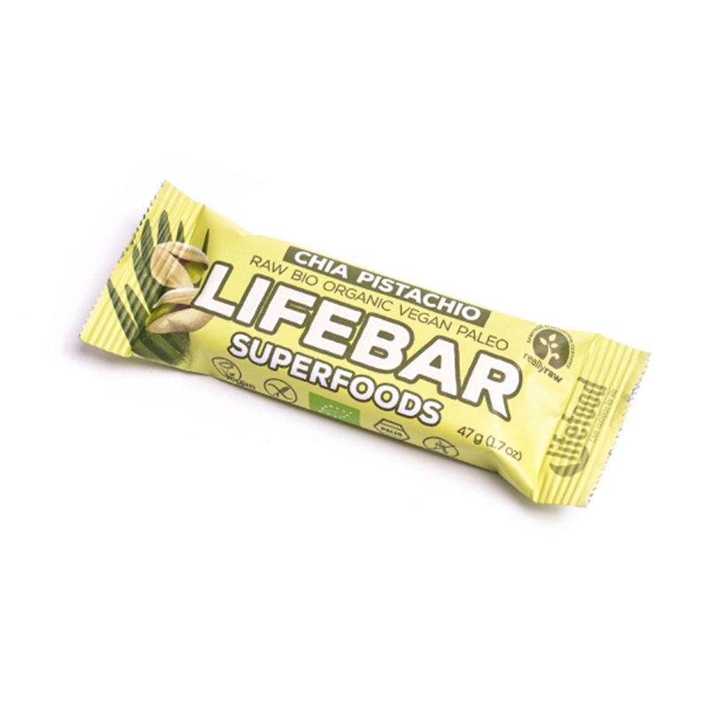 Baton bio cu chia, orz verde si fistic raw fara gluten, 47 g, Lifebar