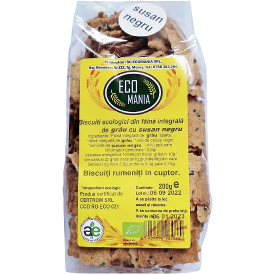 Biscuiti integrali cu seminte de susan negru, 200 g, EcoMania