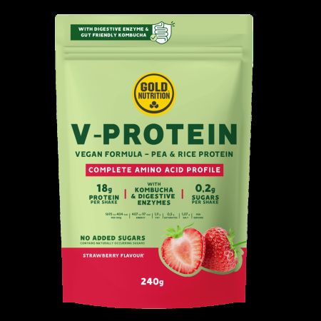 Pudra proteica vegetala V-Protein, Capsuni, 240 g, Gold Nutrition