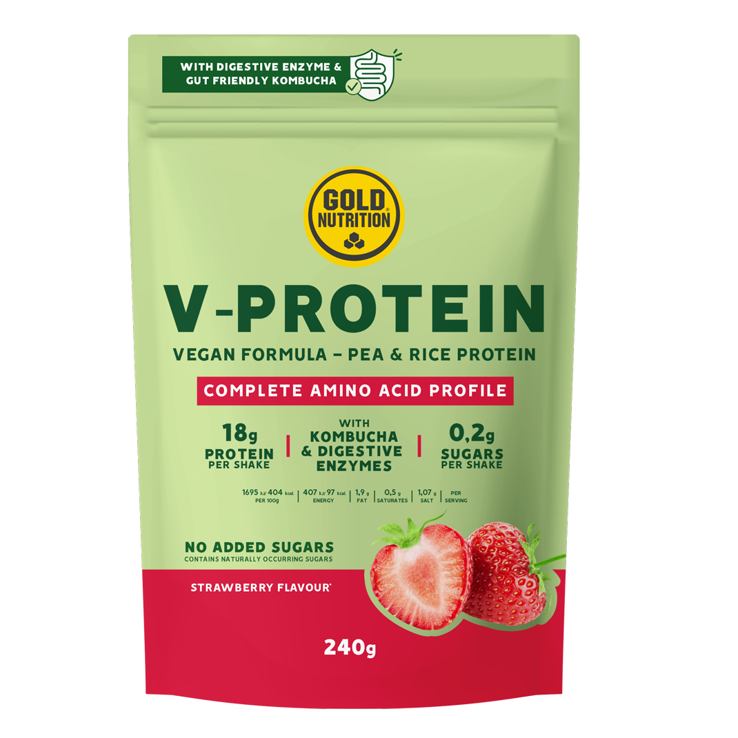 Pudra proteica vegetala cu capsuni V-Protein, 240 g, Gold Nutrition