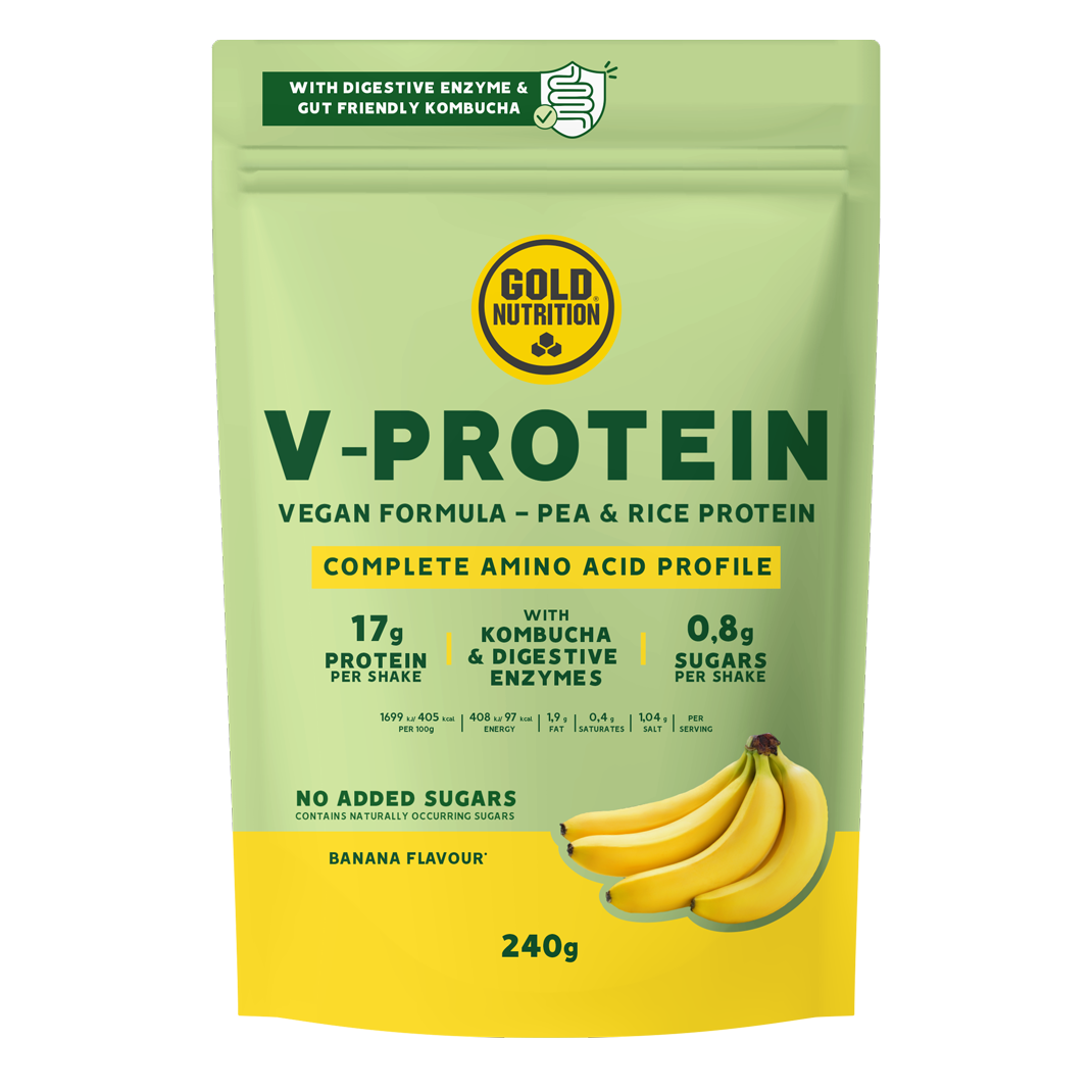 Pudra proteica vegetala cu aroma de banana V-Protein, 240 g, Gold Nutrition