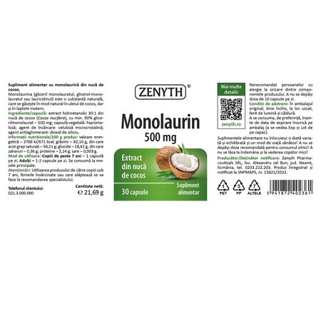 Monolaurin, 500 mg, 30 capsule, Zenyth 701663