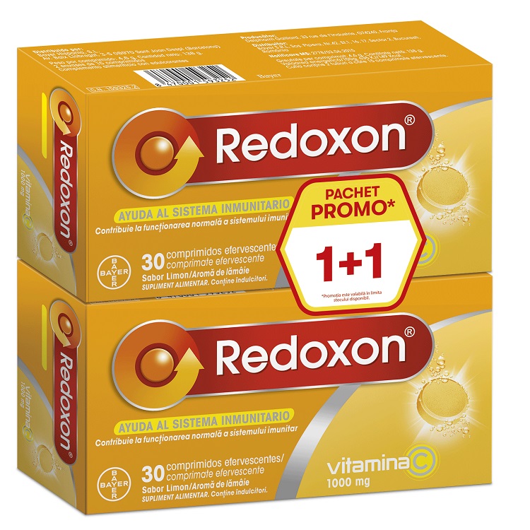 Pachet Redoxon Vitamina C 1000 mg cu aroma de lamaie, 1+1, 30+30 comprimate efervescente, Bayer