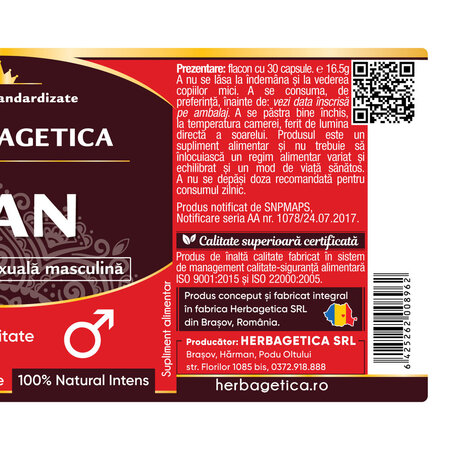 Tonic sexual pentru barbati Man, 30 capsule, Herbagetica 689055