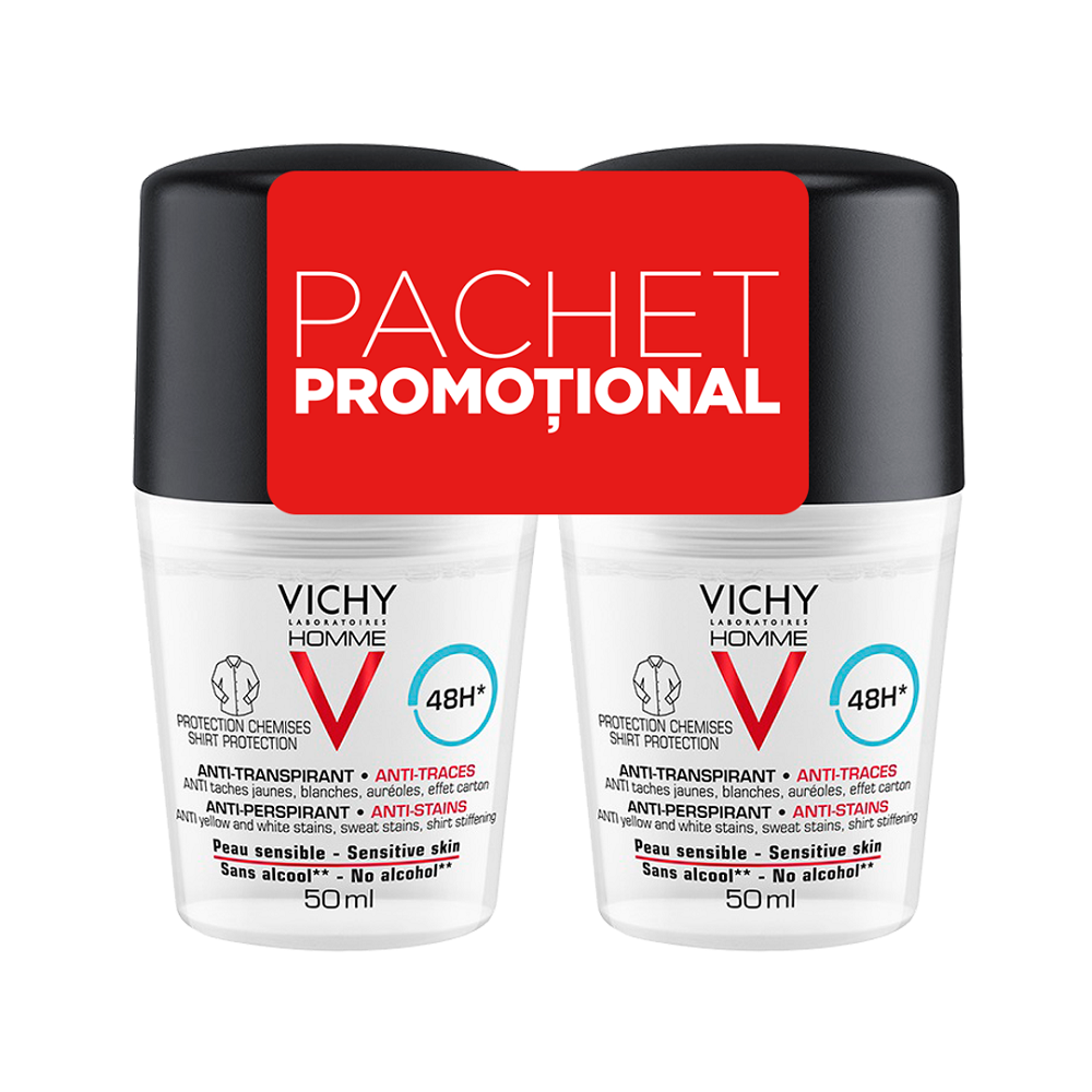 Pachet Deodorant roll-on antiperspirant anti-urme pentru barbati 48h, 50 ml + 50 ml, Vichy Homme