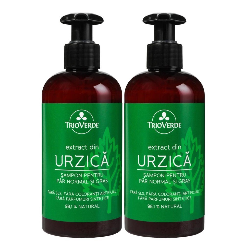 Pachet sampon pentru par normal si gras cu extract de urzica, 2 x 250 ml, Trio Verde