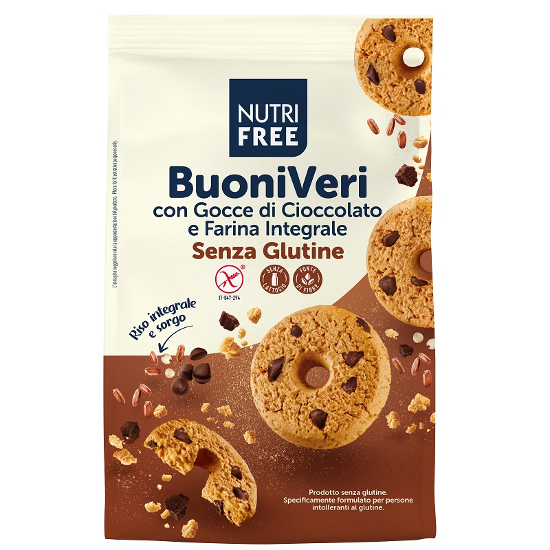 Biscuiti fara gluten cu ciocolata din faina integrala BuoniVeri, 250 g, Nutrifree