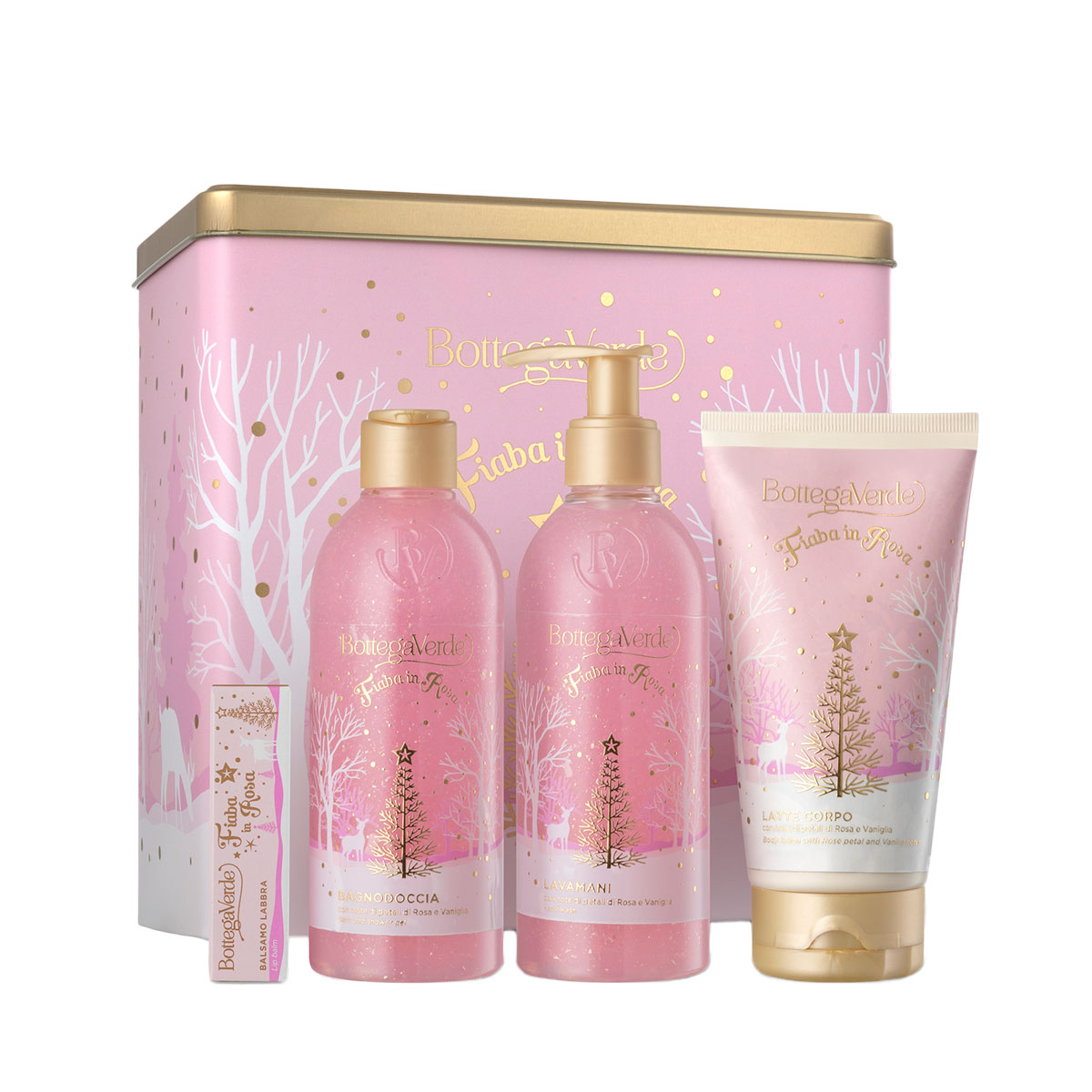 Set Craciun, cu petale de trandafir si vanilie, in cutie metalica, 5,5 ml + 250 ml + 250 ml + 150 ml, Bottega Verde