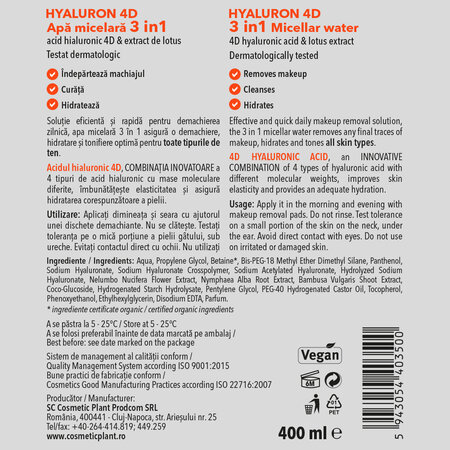 Apa micelara 3 in 1 cu acid hiluronic 4D, 400 ml, Cosmetic Plant 712557
