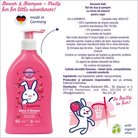 Gel de dus si sampon pentru copii cu aroma de zmeura, 400 ml, Sanosan 737578