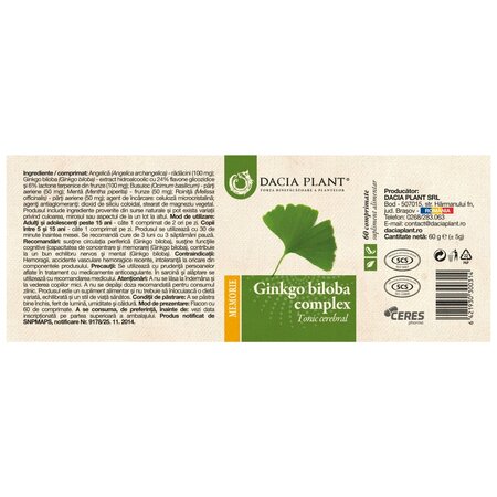 Ginkgo Biloba, 60 comprimate, Dacia Plant 737699