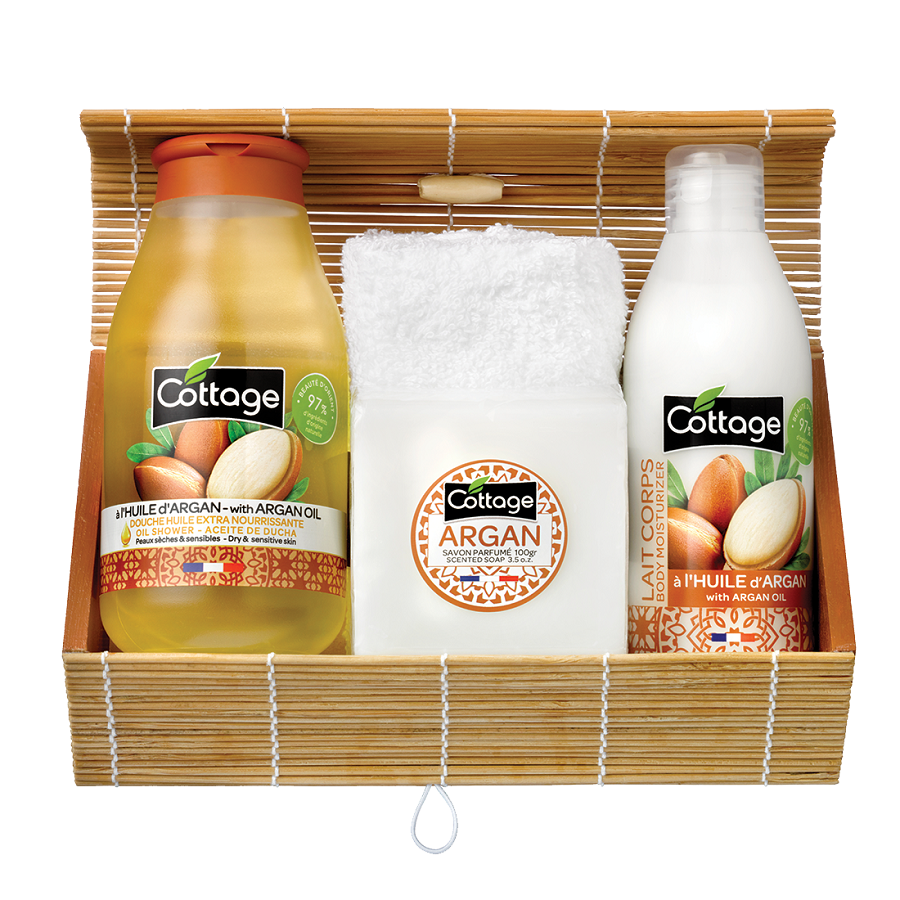 Pachet Argan Ulei de dus, 250 ml + Lapte de corp, 200 ml + Sapun solid, 100 g + Prosop, Cottage