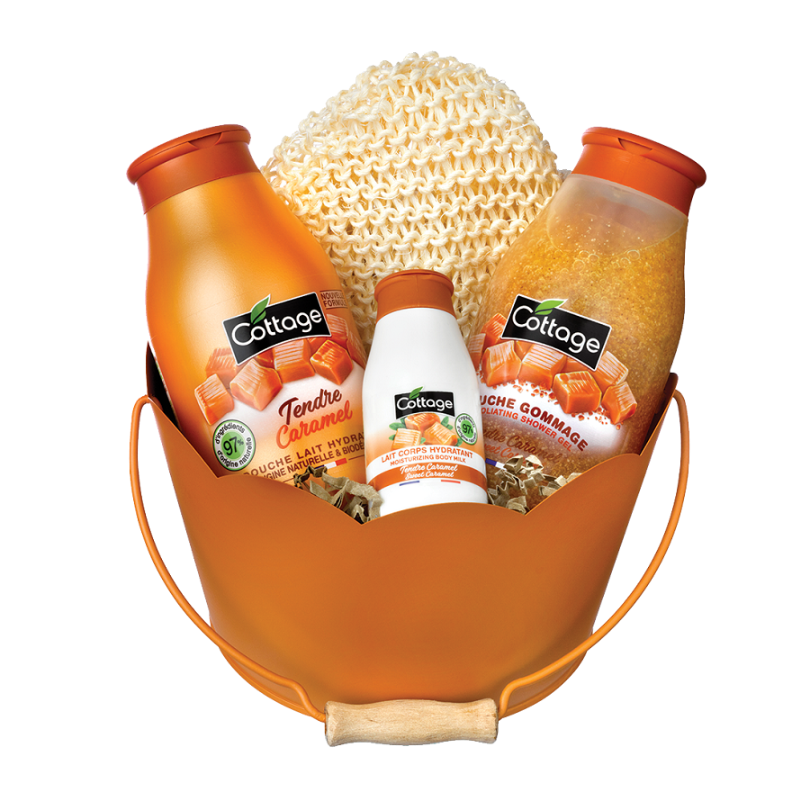 Pachet Sweet Caramel Gel de dus si lapte de baie, 250 ml + Gel de dus exfoliant, 270 ml + Lapte de corp, 50 ml + Manusa, Cottage