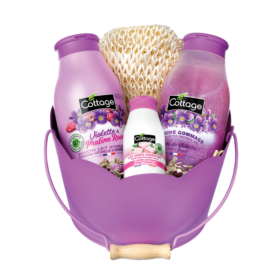 Pachet Lapte de dus Violette & Praline Rose, 250 ml + Gel de dus exfoliant Violet Sugar, 270 ml + Lapte de corp Sweet Marshmallow, 50 ml + Manusa, Cottage