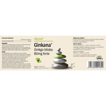 Pachet Ginkana Gingko Biloba Forte, 80 mg, 30+30 comprimate, Alevia 700833