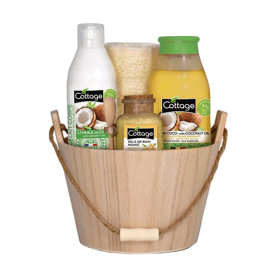 Pachet Coconut Ulei de dus, 250 ml + Lapte de corp, 200 ml + Sare de baie, 140 g + Burete natural exfolioant, Cottage